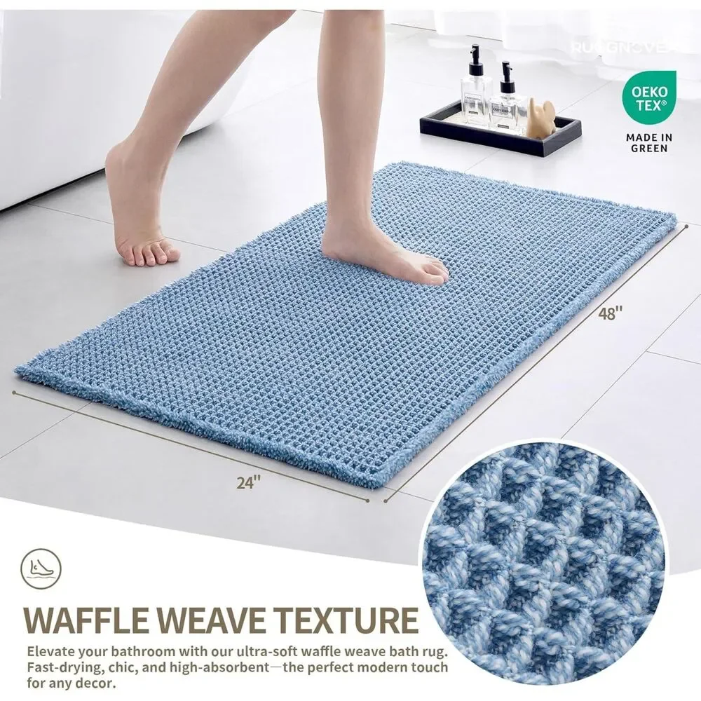 Light Blue Waffle Bath Mat 48x24 Non Slip Absorbent Washable Boho Rug Tassels